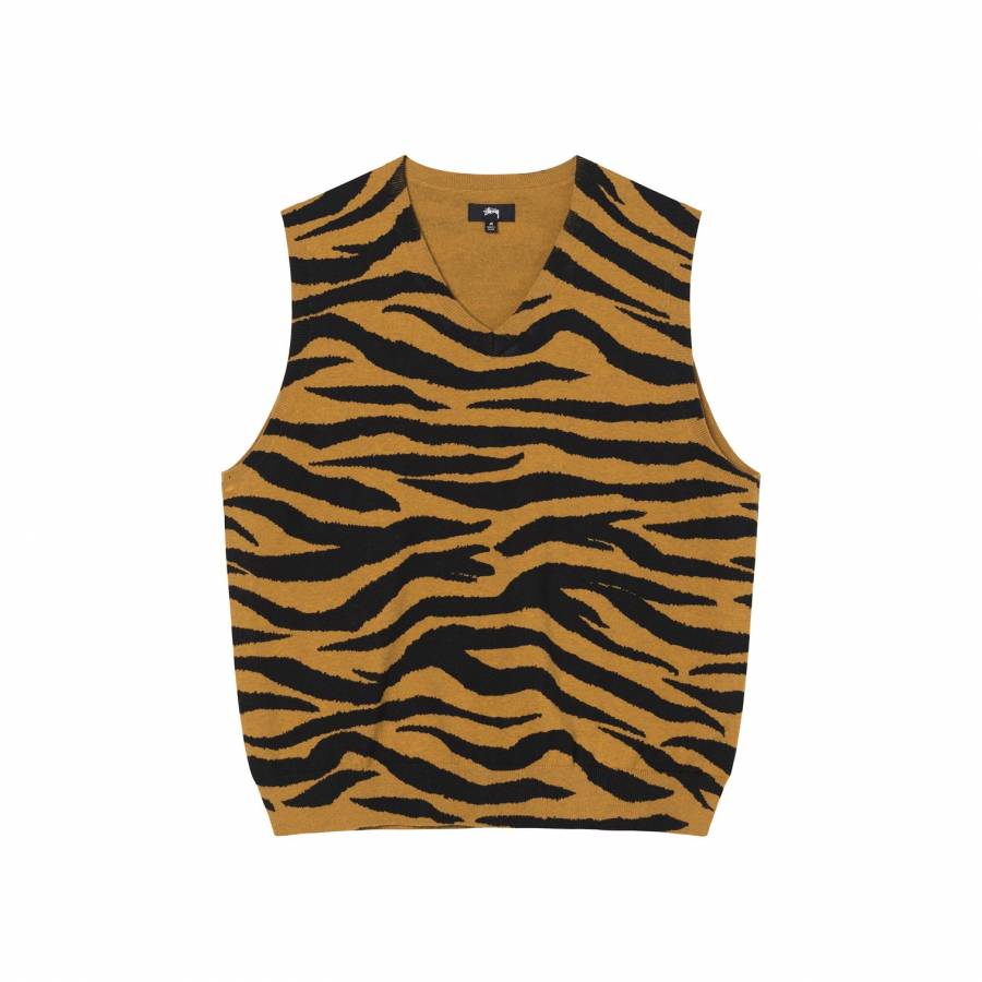 Stussy Tiger Printed Sweater Vest - Mustard
