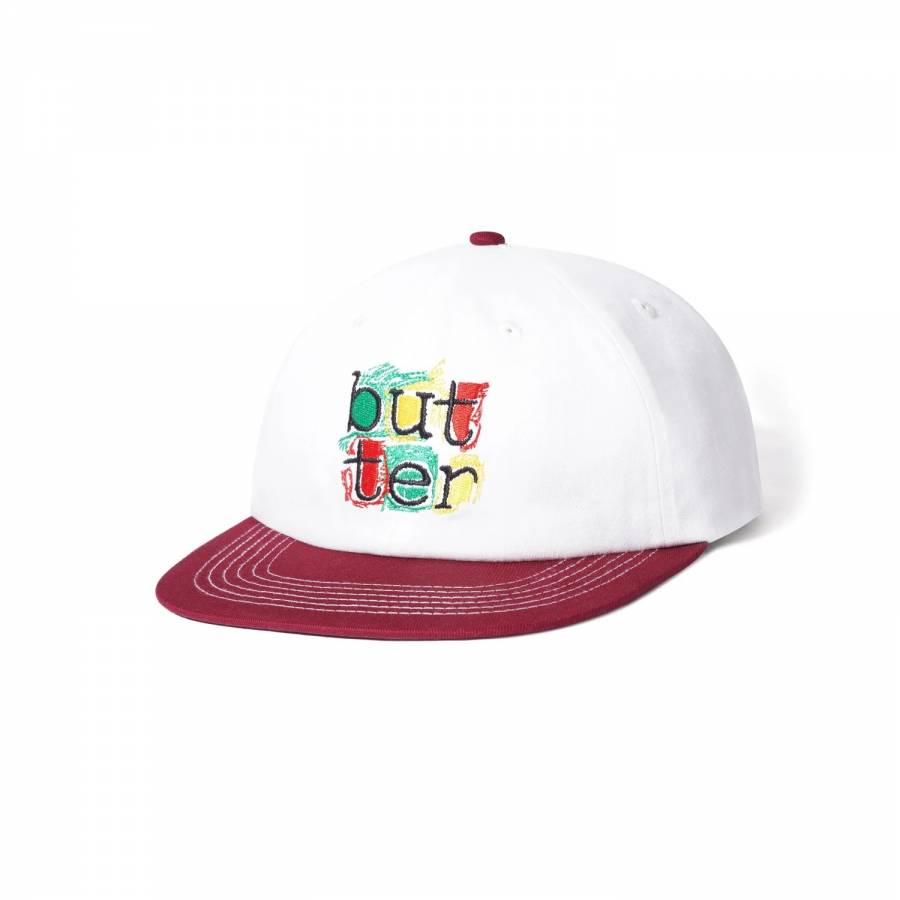 Butter Scribble 6 Panel Cap - White / Burgundy