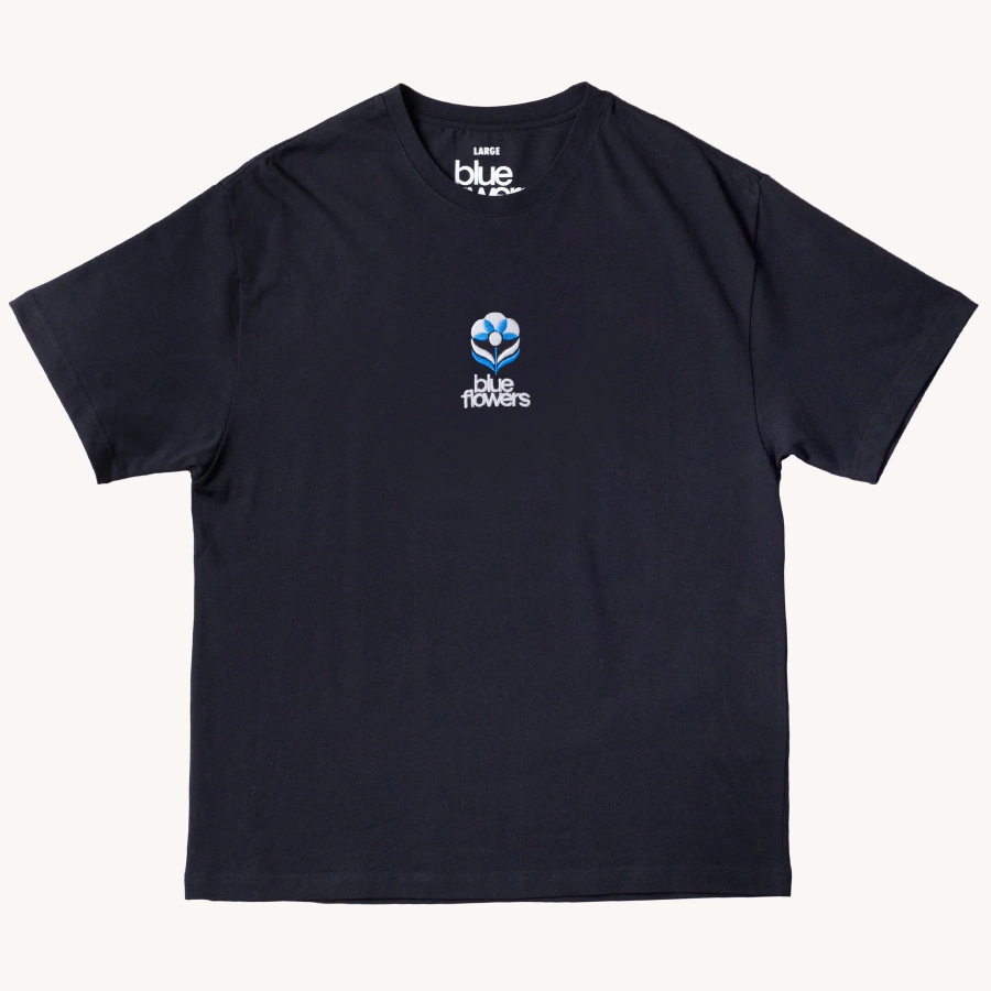 Blue Flowers Flower T-shirt - Black