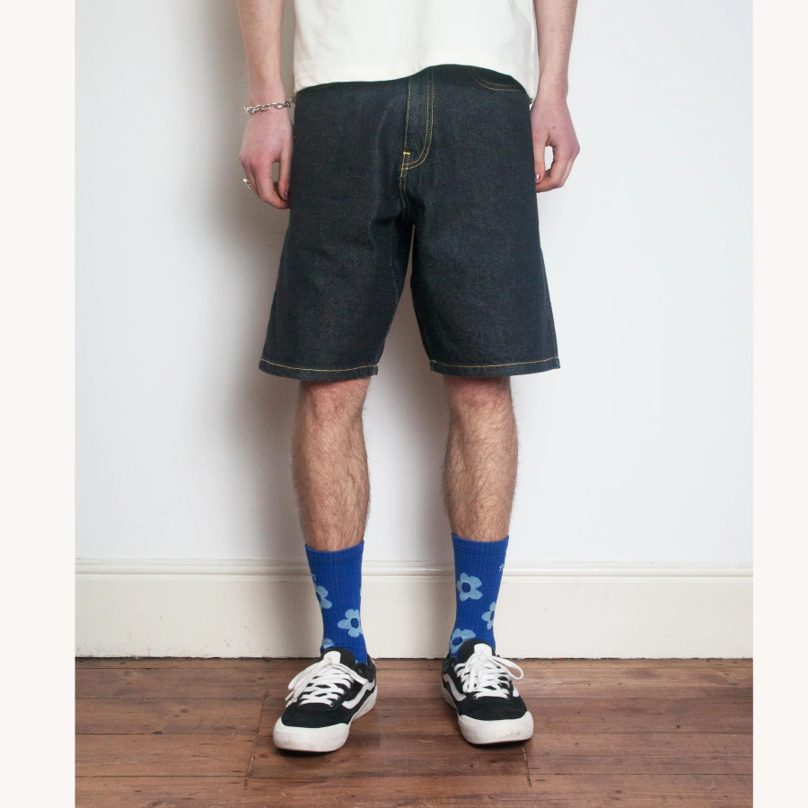 Blue Flowers Floret Denim Shorts - Black