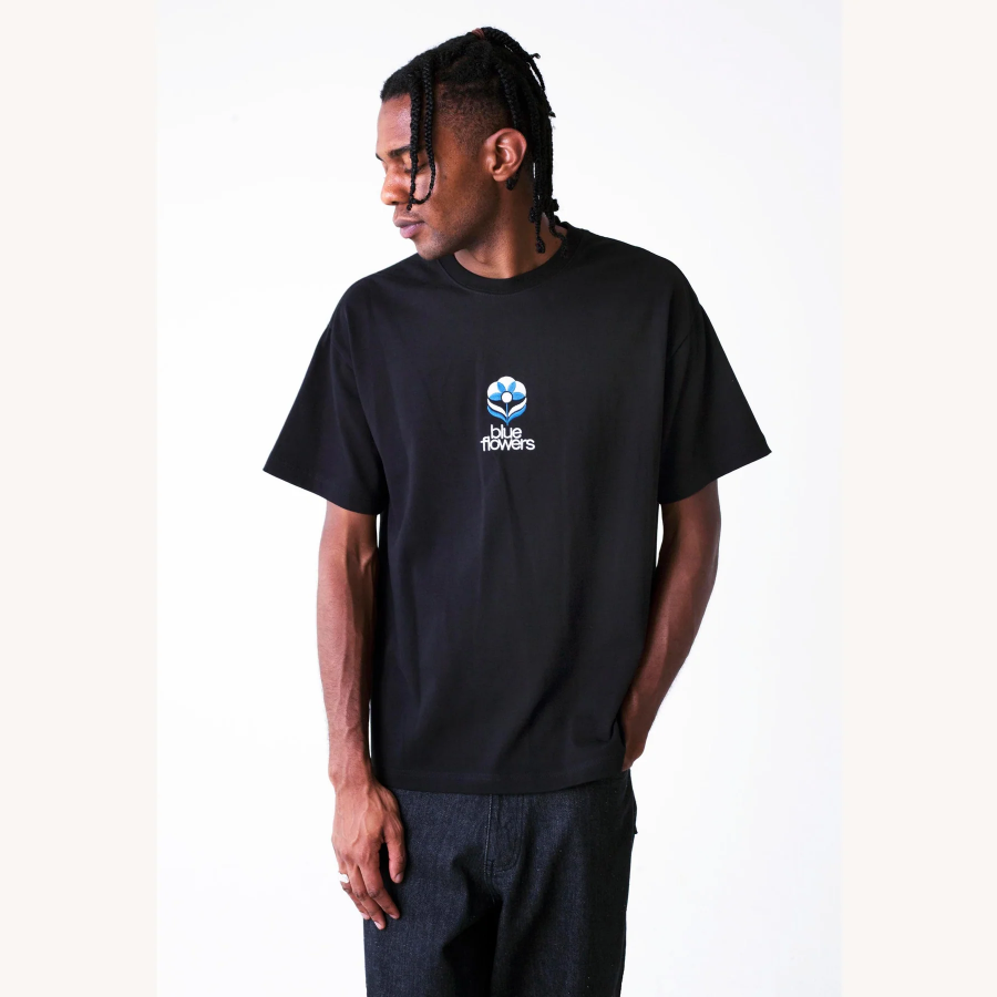 Blue Flowers Flower T-shirt - Black