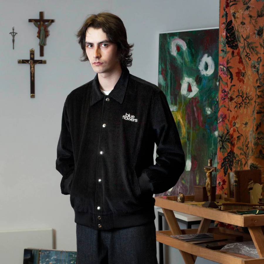 Blue Flowers Levitation Corduroy Jacket - Black