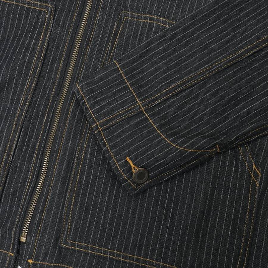 Pass Port Long Con Striped Denim Packers Jacket - Black