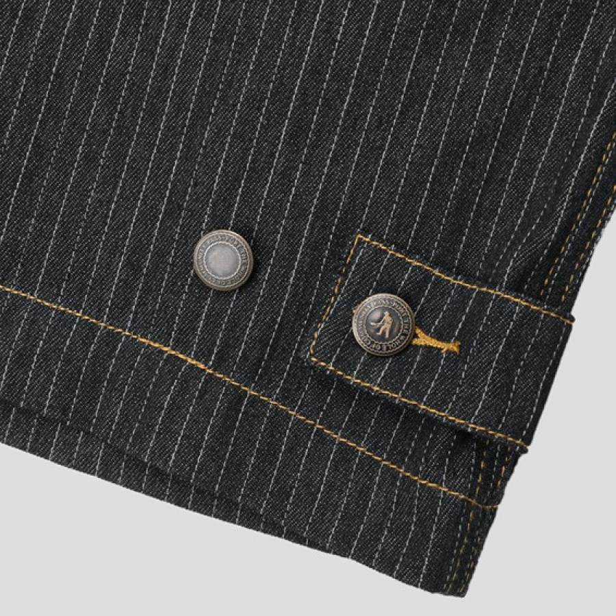 Pass Port Long Con Striped Denim Packers Jacket - Black