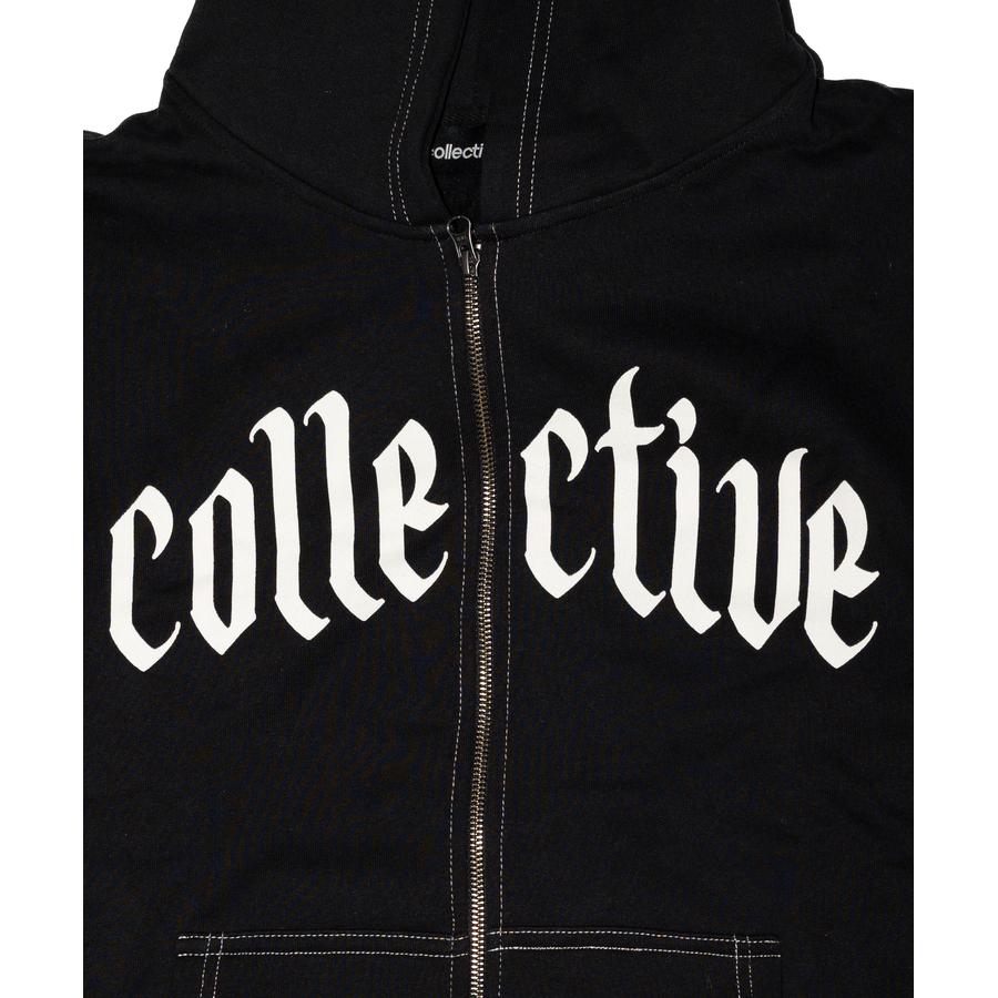Collective Black Letter Zip-Up Hoodie - Black / White (Contrast Stitching)